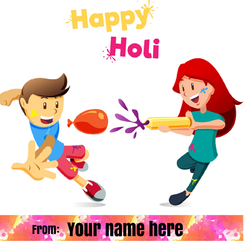 Kids Plying Holi Festival Wishes Greeting With Name
