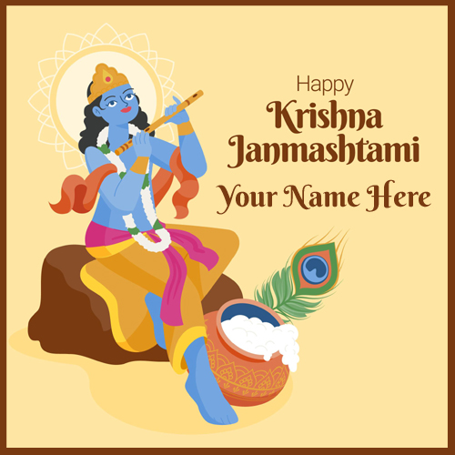 Lord Krishna With Flute Janmashtami Wish Card With Name
