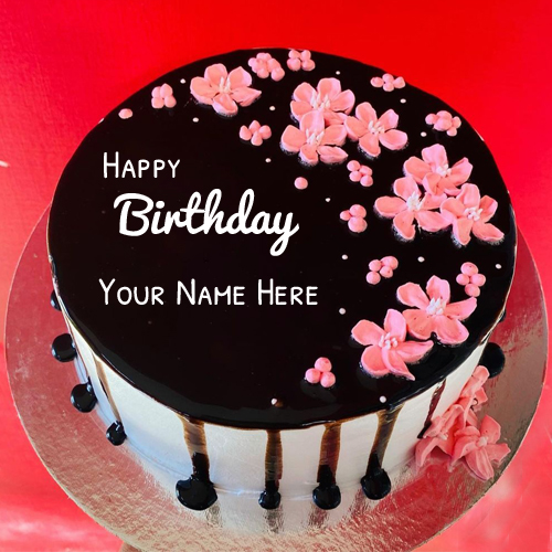 Floral Art Name Birthday Wishes Chocolate Cake Image
