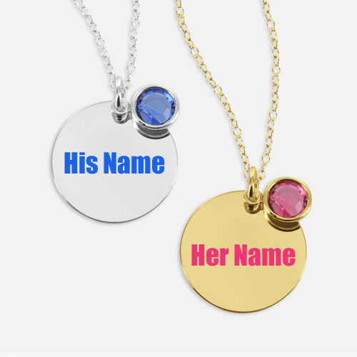 Print Couple Name on Circle Necklace With Birthstone