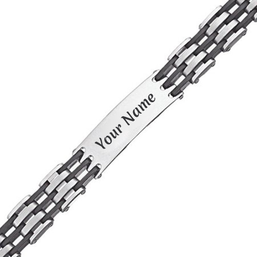 Write Name on Mens Steel and Rubber Engraved Bracelet