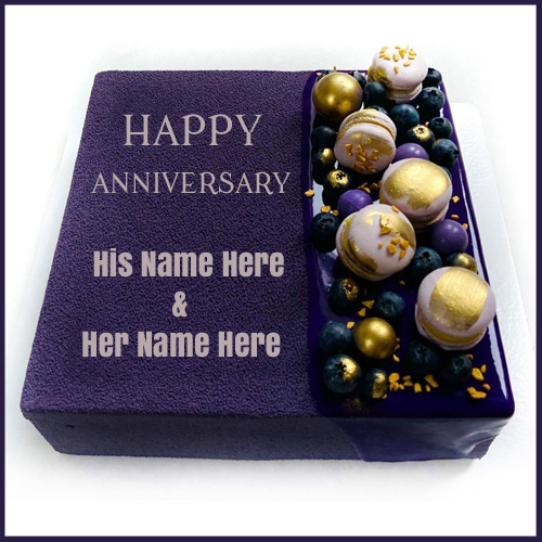 Wedding Anniversary Purple Cake With Couple Name on it