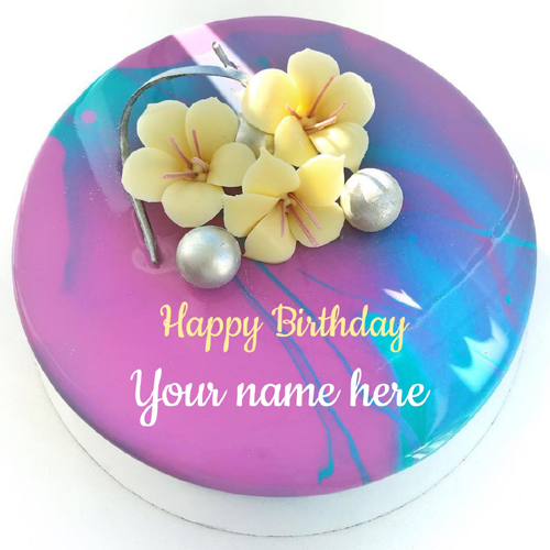 Write Name on Colorful Floral Art Mirror Glazed Cake
