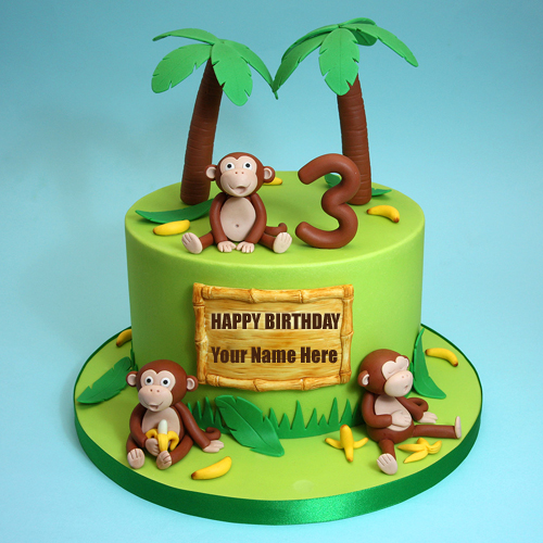 Happy Third Birthday Cute Monkey Kids Cake With Name