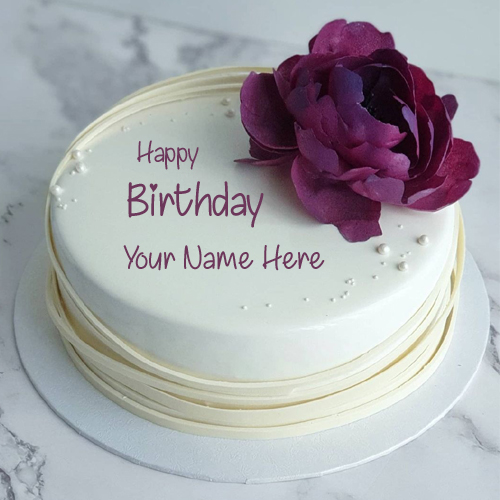 Cute Purple Floral Art Birthday Wishes Cake With Name
