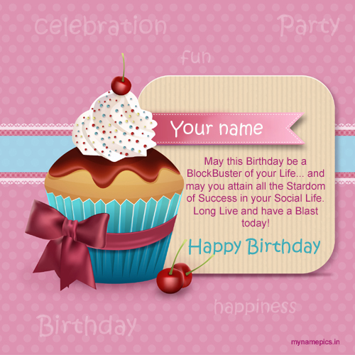 Write name on birthday greeting card with cake pic