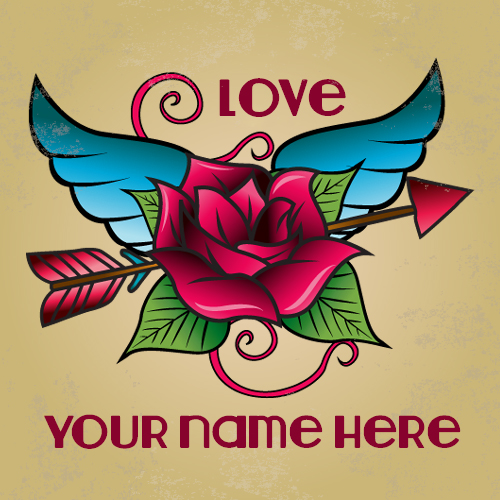 Write your name on Dark pink rose tattoo with wings 