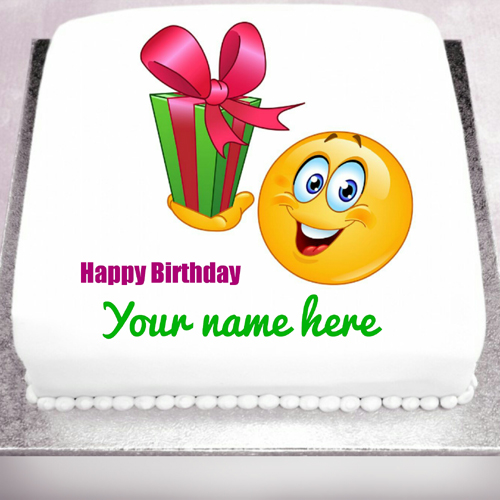 Happy Birthday Name Cake With Cute Smiley and Gift