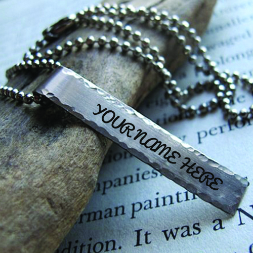 Mens Necklace With Rectangle Hand Stamped Name Pendant