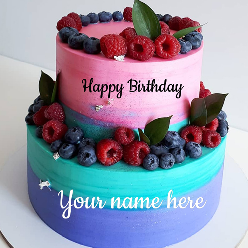Write Name on Lovely Multicolor Fruits and Berries Cake