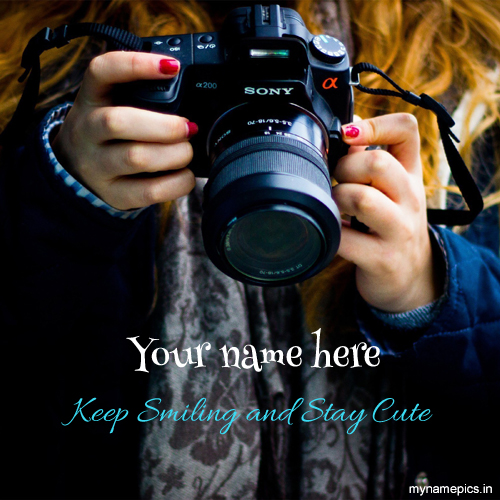 Write your name on cute girl picture with camera 